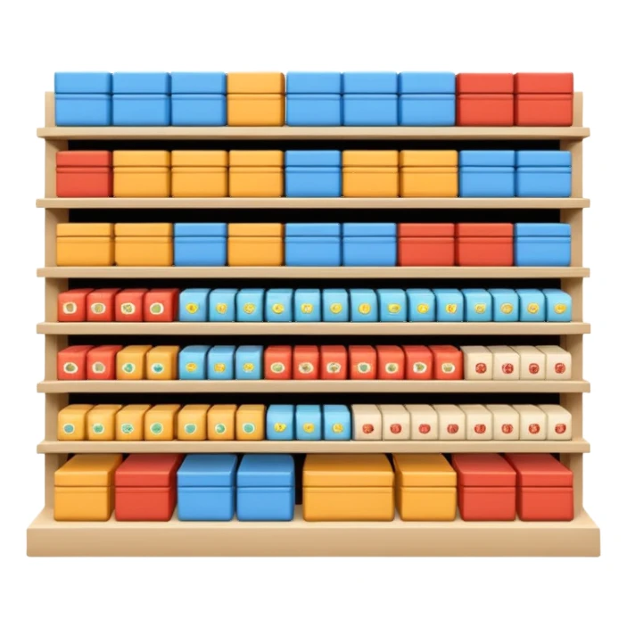 "Minimalist Japanese retail shelf display, products arranged in identical horizontal rows, with multiple units of each item placed directly behind one another, vertically varied by type, clean spacing, precise symmetry, soft neutral lighting, front-facing packages, ultra-detailed." sticker