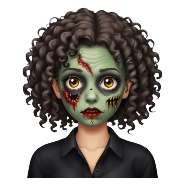 crie uma mulher de cabelo cacheado com pele de zumbi usando uma blusa preta sticker
