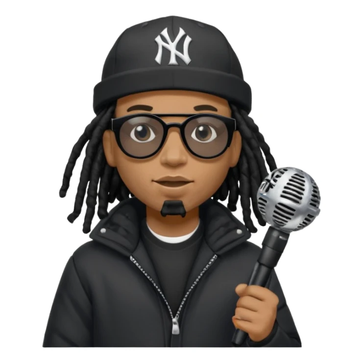 African American man with shoulder length black dreadlocks wearing black sunglasses with black bubble winter coat wearing black New York Yankees baseball hat rapping into a microphone sticker