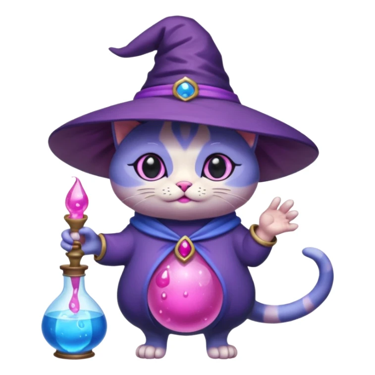 Purple witch cat full body with pink potion and blue potion bubbling  sticker