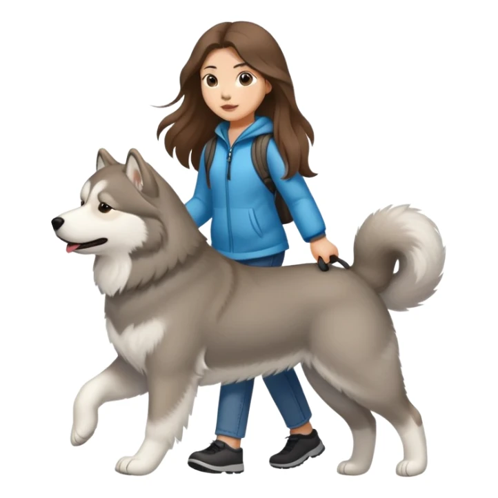 A girl with long brown hair walks a light gray Alaskan sticker
