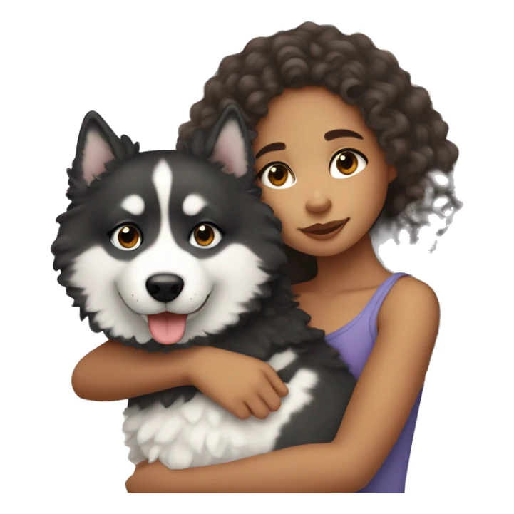 Biracial girl with curly hair cuddling a husky sticker