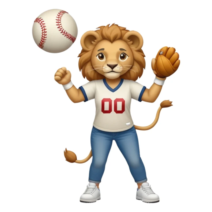 confident anthropomorphised female lion wearing a baseball shirt, jeans, and trainers, lifting an object sticker