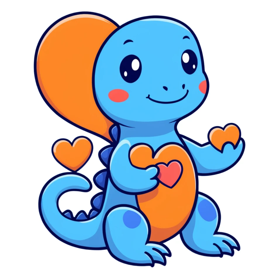 blue salamander with a square pattern on its skin, holding a heart sticker