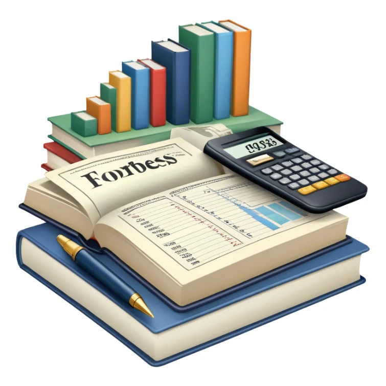 Icon for Business Reading: an open book with graphs, numbers, percentages, formulas, and text on the pages, next to a stack of books, a pile of dollars, a calculator, a pen, and business magazines like Forbes. Transparent background. sticker