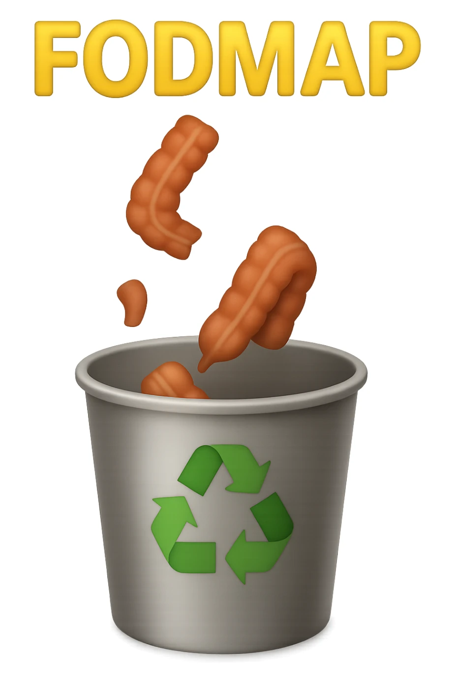 scritte "FODMAP" e pezzi di colon cadono in un secchio della spazzura con simbolo "recycle" sopra, stile emoji iphone, iperrealistico 4k sticker