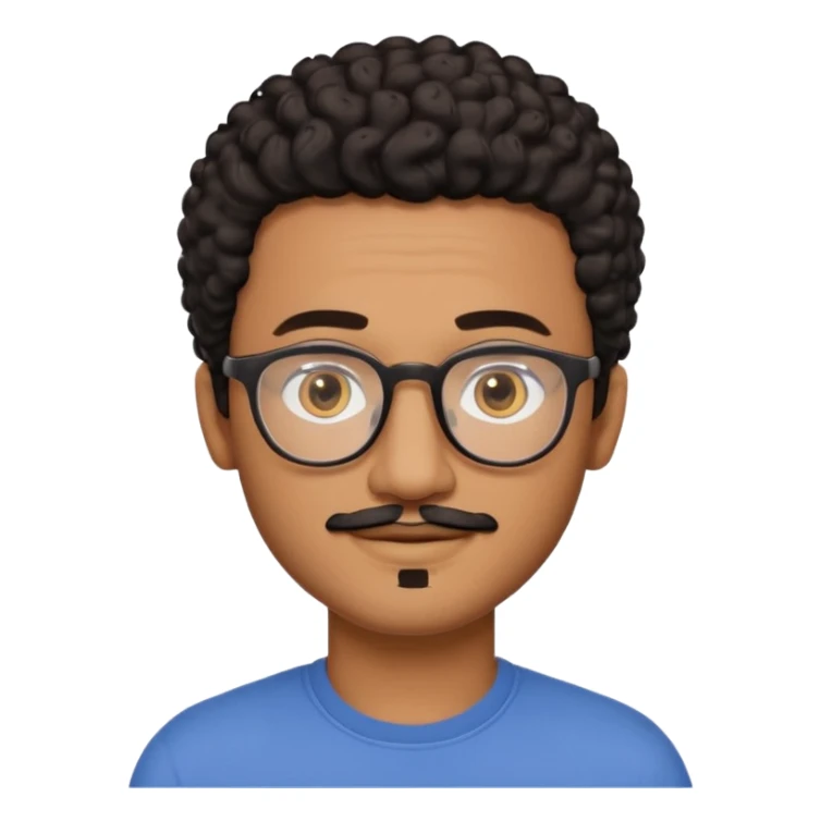 A friendly person with medium-brown skin, large warm brown eyes, thin rectangular glasses, a short mustache and small goatee, black short curly hair. Rounded face, calm slight smile. Head-and-shoulders emoji style, bold outlines, simple shapes, bright colors, transparent background. sticker
