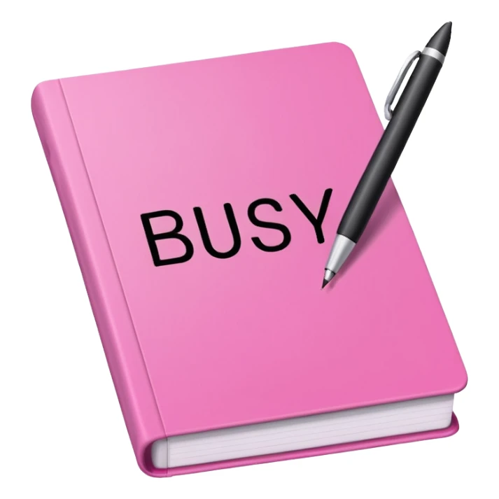 open pink book and note pen add on it the word BUSY sticker