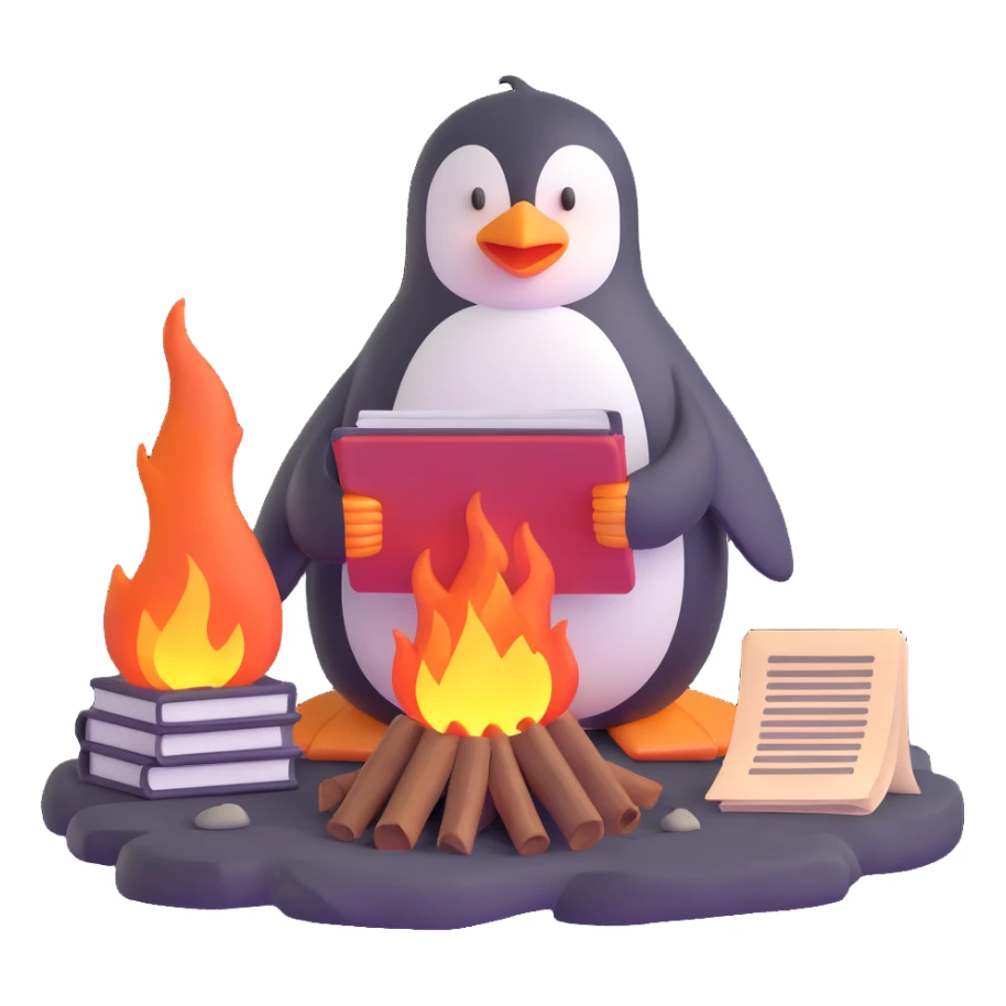 penguin on a rocky polar shore, burning secret documents in a campfire, glancing around nervously; far in the background, two people with wolf sled, rifles, skis sticker