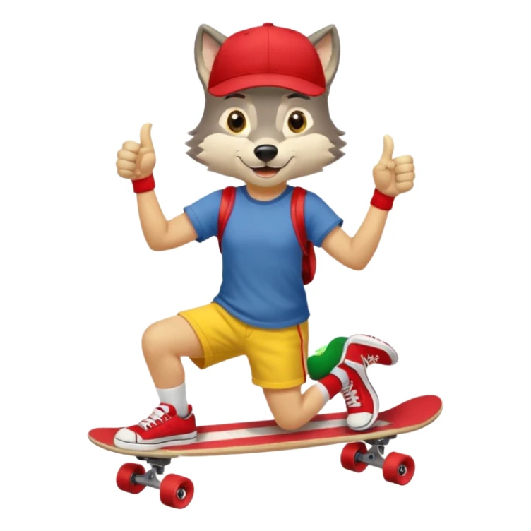A gray wolf with large, expressive eyes and a friendly smile. The gray wolf is wearing a bright yellow T-shirt, red shorts, white knee socks, and sneakers. The baseball cap is worn backwards. The wolf holds a skateboard in one hand and gives a thumbs-up with the other, a confident and cheerful pose. sticker