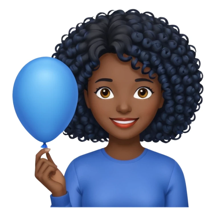 woman with curly black hair and dark face, holding blue balloon sticker