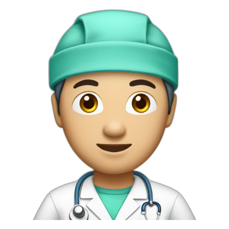 Asian vascular surgeon with scrub cap and scrubs sticker