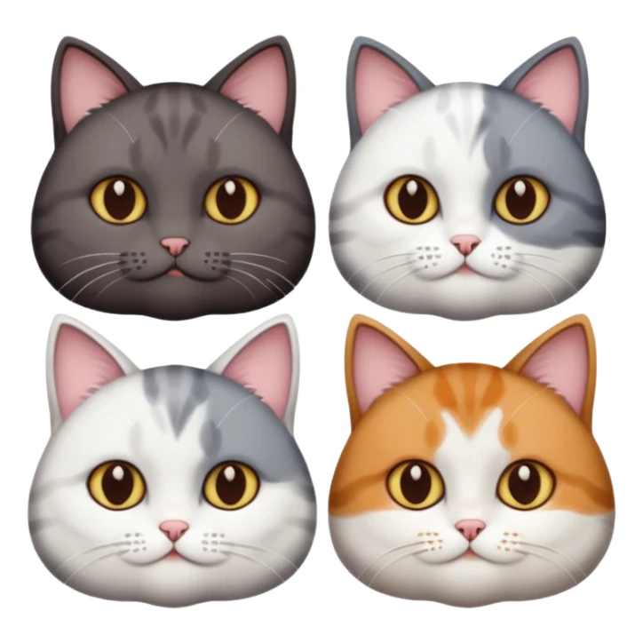 4 different coloured short haired cats including; a dark brown and white cat, and a dark grey and white  sticker