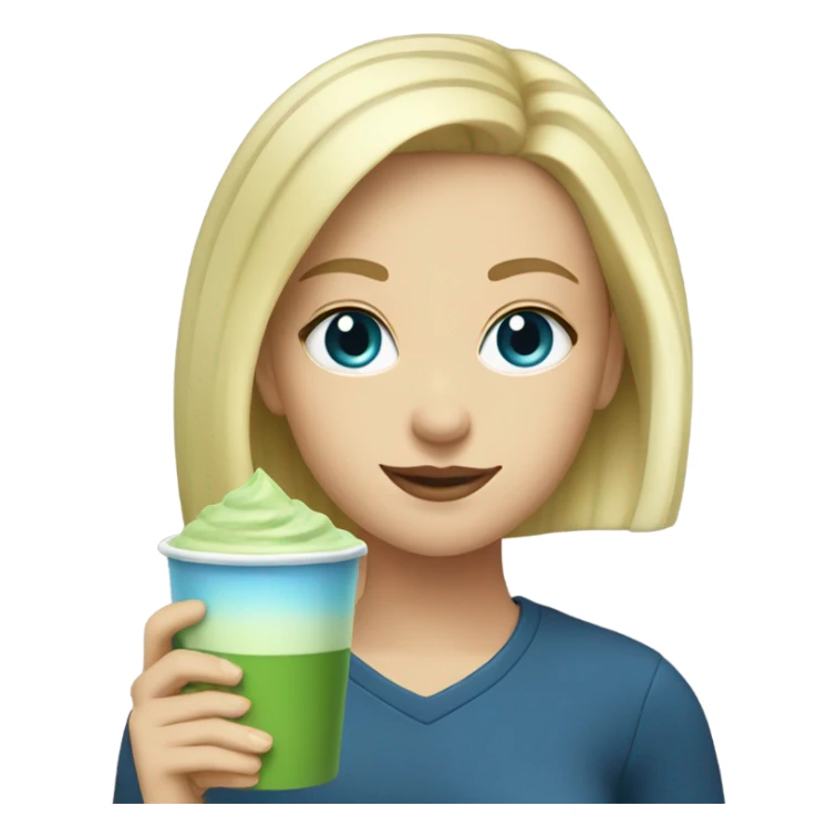 Blonde girl with blue eyes with a hot matcha sticker