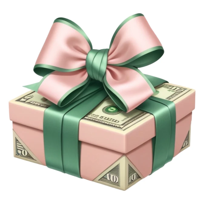 Neat money stack tied with a blush satin bow, muted green bills, soft luxury rich sticker