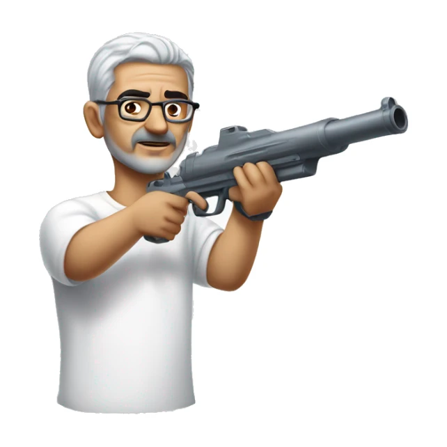 Turkish man with grey hair and protective glasses and white t-shirt aiming a water gun with one hand while standing sideways sticker