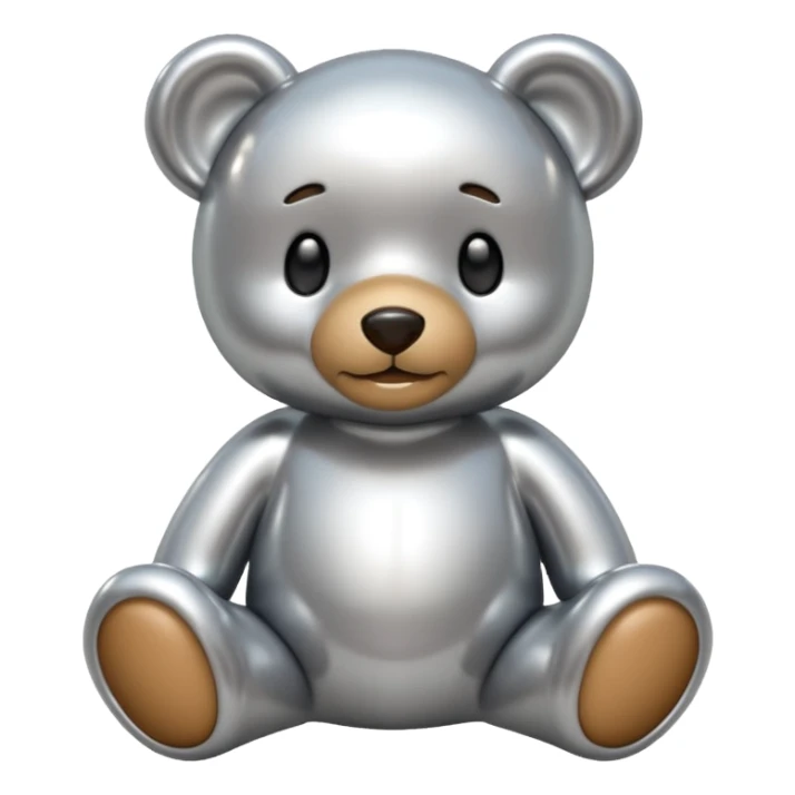 A cute teddy bear emoji made of liquid silver chrome, smooth rounded body, glossy metallic surface, soft reflections, friendly proportions, iOS emoji style, centered, clean white background sticker