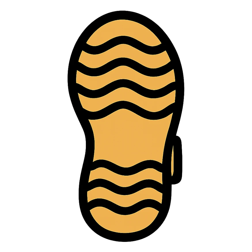 Create an emoji style sandal sole, matching the reference image, with a more cartoonish tread pattern, viewed directly from the bottom, classic emoji look. sticker