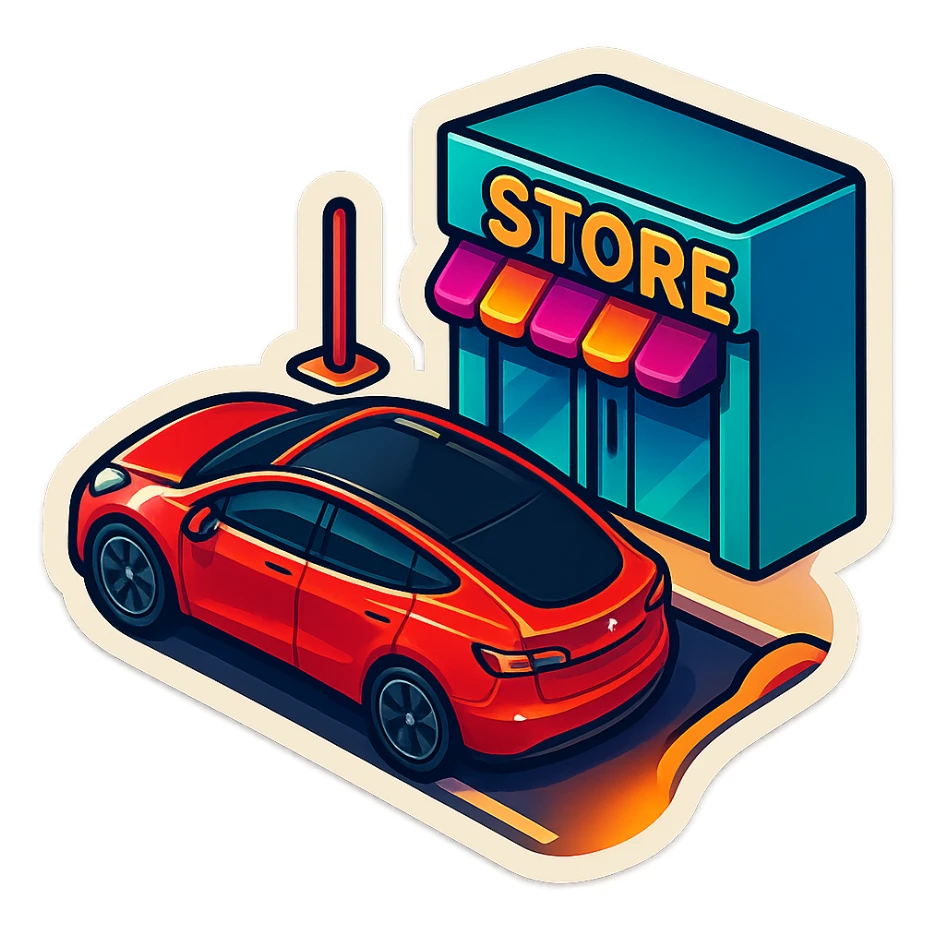 A Tesla Model Y parallel parking in front of a store, from above sticker