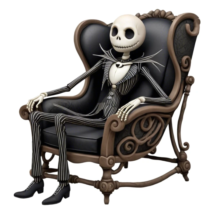 Cinematic 3D ultra realistic 32K HD image of Jack skellington reclining in a boney chair, stunning detail as though captured in a timeless photograph, rich textures, visually rich, so lifelike that it feels like it could leap off the page at any moment sticker