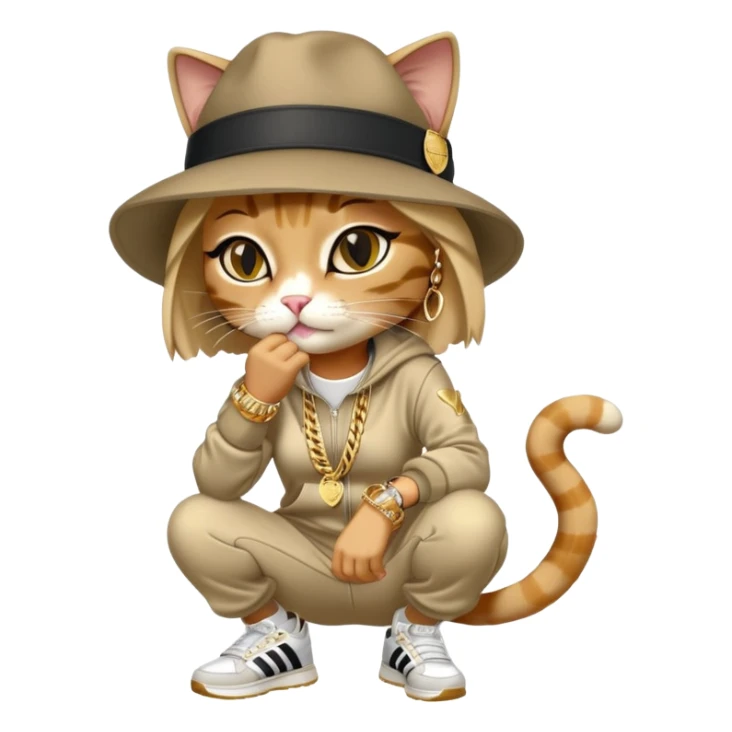 female cat wearing Run DMC hip-hop outfit with tracksuit, fedora, Adidas sneakers, many gold chains, rings, bracelets, flashy earrings, whispering to a friend, no sunglasses sticker
