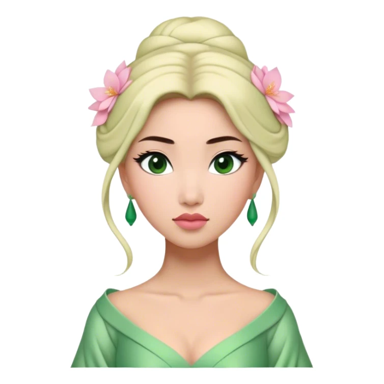 Cinematic Elegant Mulan Portrait Emoji, Dressed in her delicate green matchmaker gown, soft pink makeup, hair pinned perfectly, looking wistful yet radiant, eyes reflecting the depth of her spirit, capturing both her beauty and inner strength! sticker