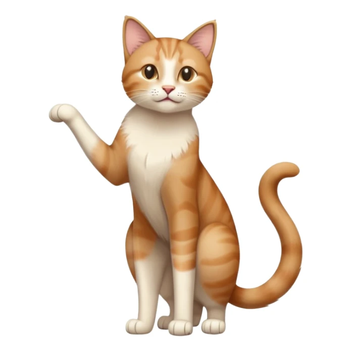 standing cat with tail raised upward, soft brown and beige colors, friendly calm expression, natural pose, warm lighting, flat illustration sticker