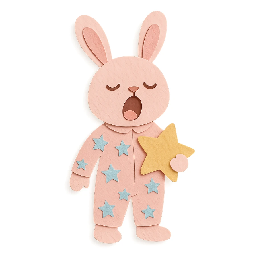 full-body pastel pink bunny in star-pattern pajamas, holding a star-shaped pillow, yawning with sleepy eyes, standing pose, paper-craft style sticker
