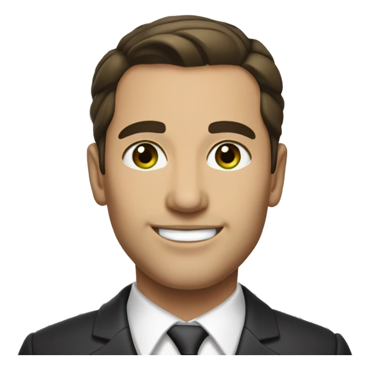 Lawyer with a thin build, dark brown hair slicked back without parting, and gray-green eyes, smiling sticker