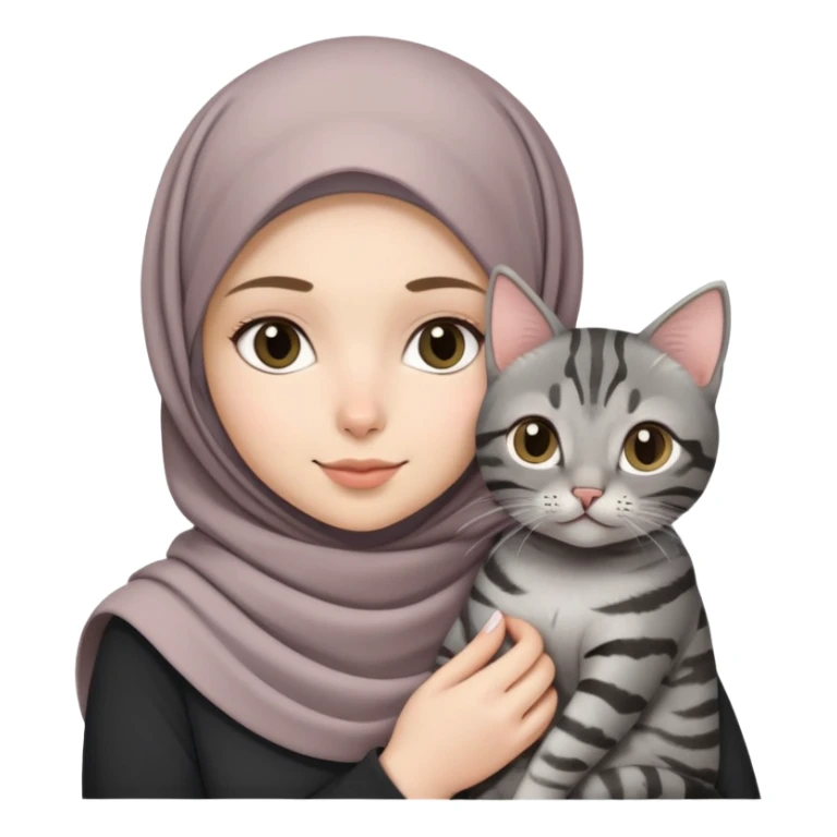 White girl wearing cute hijab holding a black gray tabby cat sticker