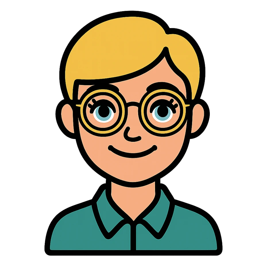 blonde teacher with pixie haircut, gold glasses, blue eyes, big eyelashes, nice smile icon-color-outlined style sticker