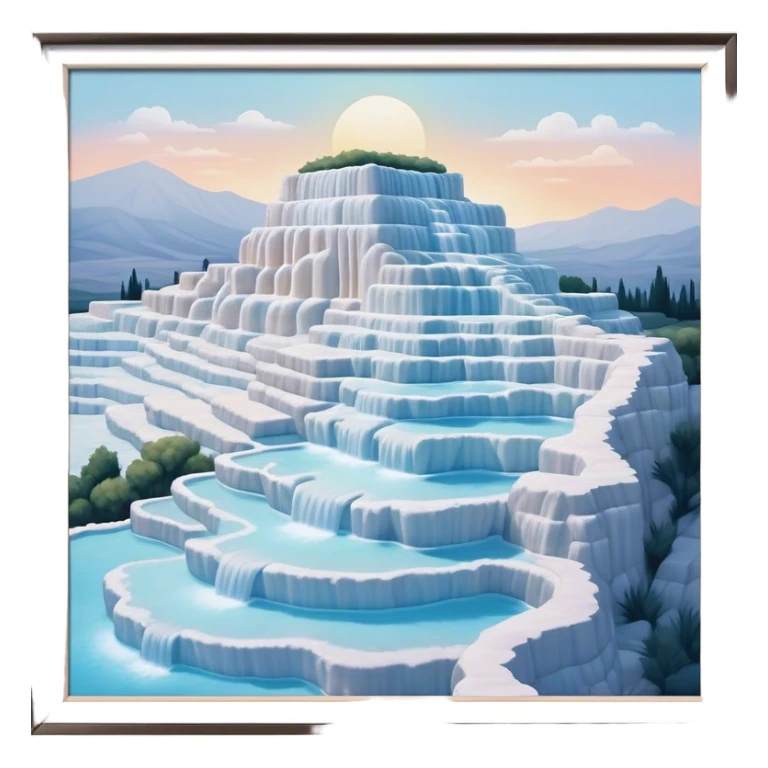 Cinematic Realistic Pamukkale Landmark Emoji, showcasing surreal cascading terraces of thermal waters rendered with ethereal textures and soft, luminous lighting. sticker