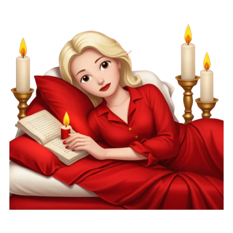 Low bed, red sheets, candles everywhere, woman reclining in shadowed control sticker