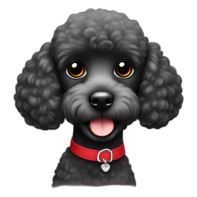 A cute tiny black poodle with black eyes and red collar sticker