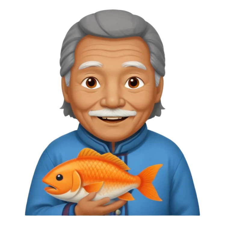 old inuit man with traditional inuit clothes and orange fish sticker