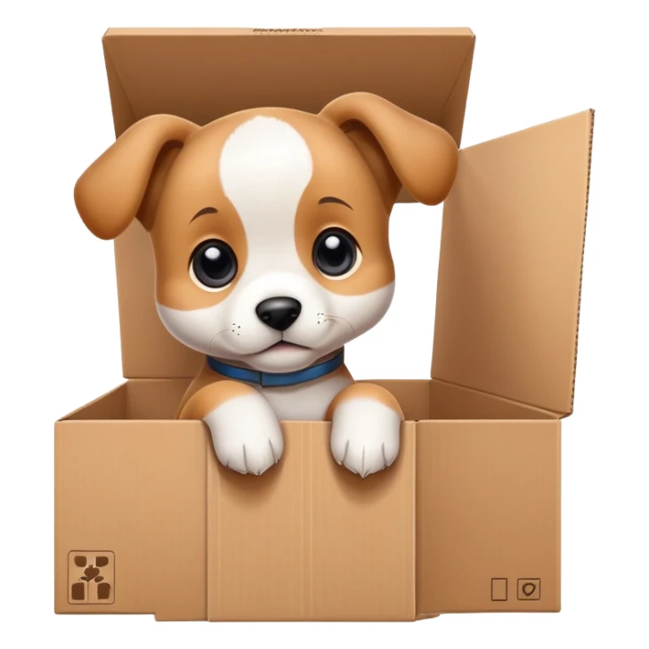  A very cute young puppy  with one's head tilted to one side poked its paws out of the cardboard big box and placed them on top of it sticker