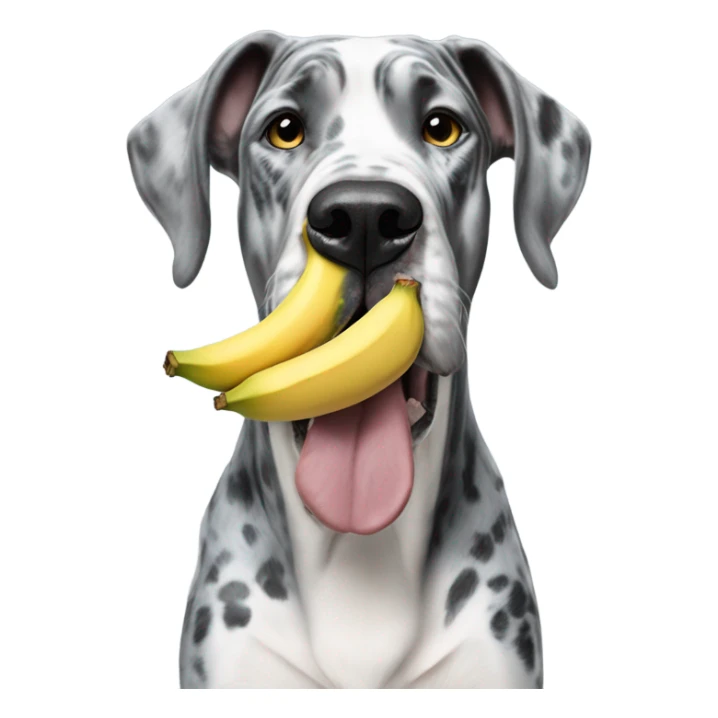 Blue Merle Great Dane holding a banana sticker