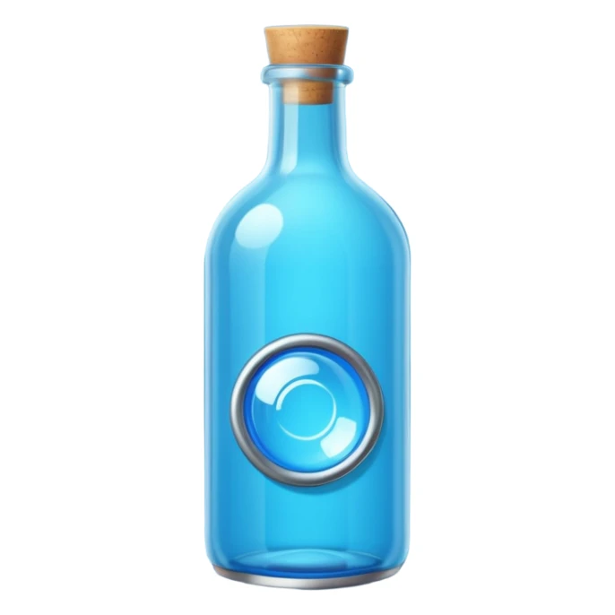 a neon blue motion tiled to the left with a round glass bottle no handle sticker