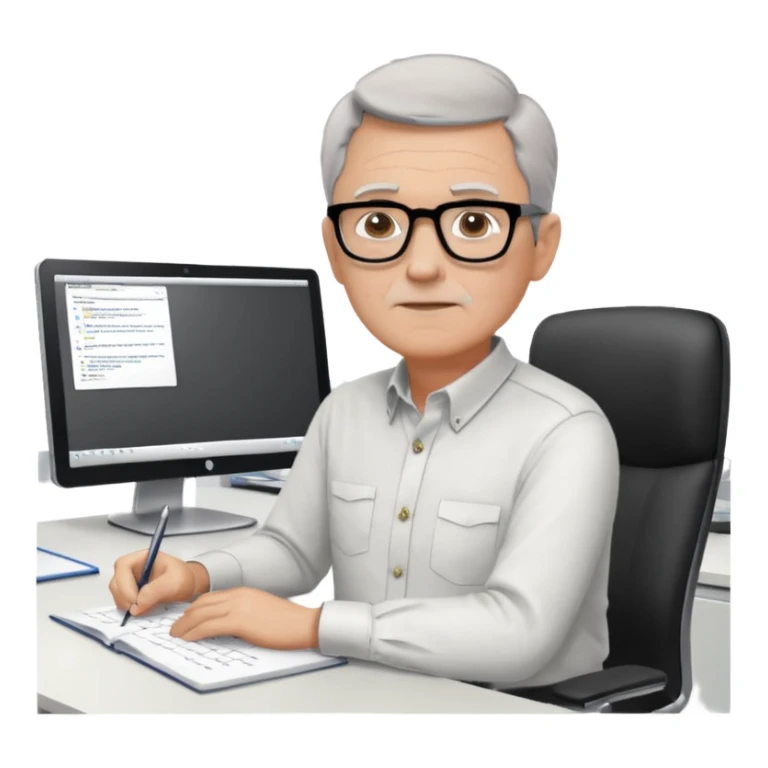 un uomo di circa 60 anni, capelli corti e brizzolati, occhiali con montatura nera, seduto ad una scrivania in un grande ufficio vuoto, tutto bianco, con il mobilio bianco, davanti a tre monitor ed un notebook, che lavora scrivendo software sticker