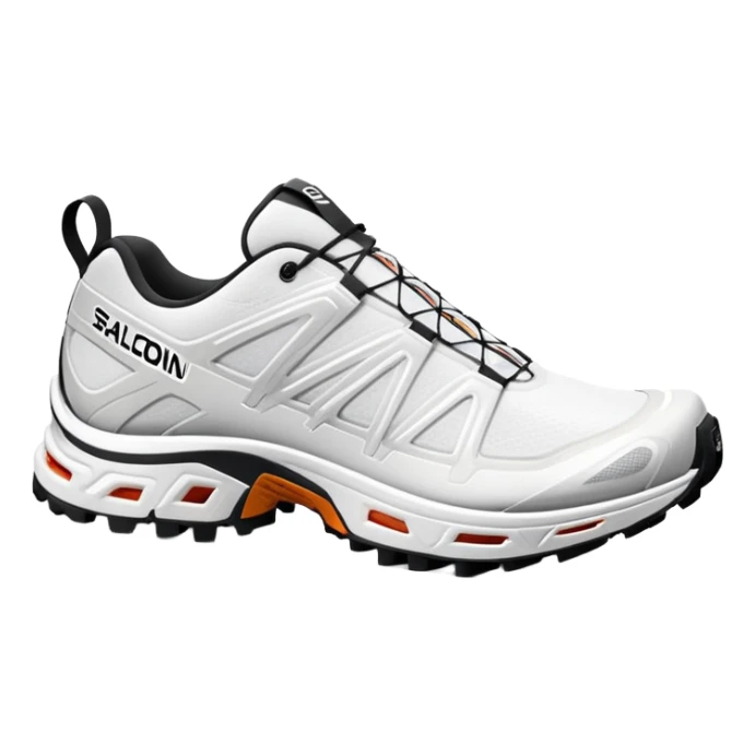 Ultra minimalist white Salomon XT-6 shoes, extremely simplified iOS emoji style, one behind the other, flat colors, very basic lines, essential details only, clean design sticker