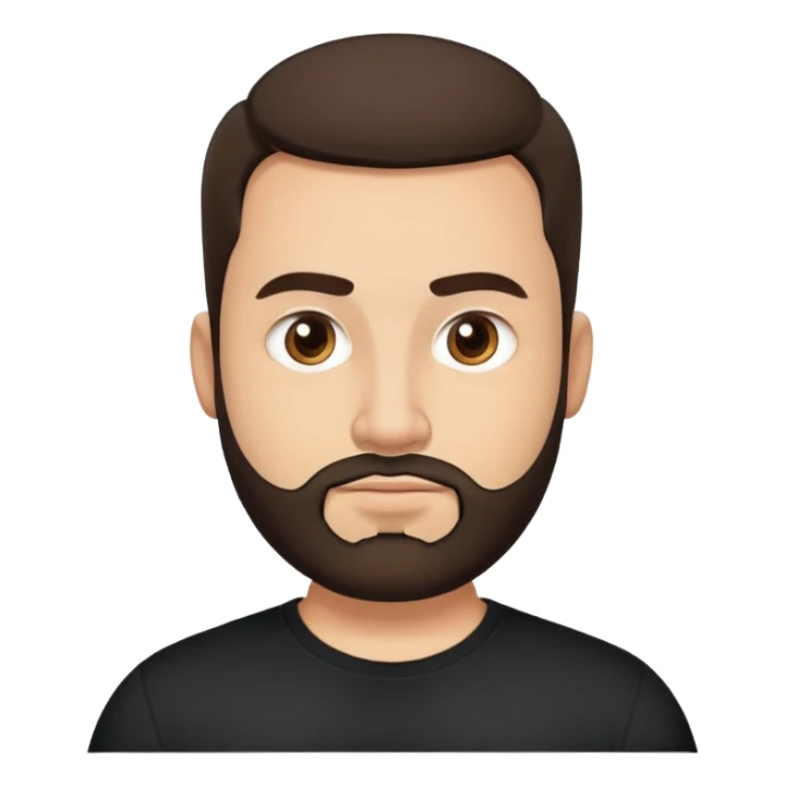Fuller-figured man in his 30s with light brown skin, round face, full cheeks, medium dark brown eyes, thick eyebrows, wide nose, friendly expression, short full beard, short dark hair, wearing a black t-shirt sticker