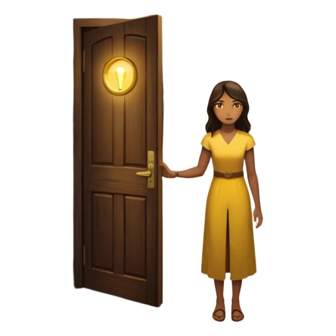 woman standing in front of a long road, looking forward with confidence—behind her, multiple closed doors symbolizing rejection, but one door ahead is glowing, representing the path forward. In her hand, she holds a small bright light, symbolizing her knowing—her guide. sticker