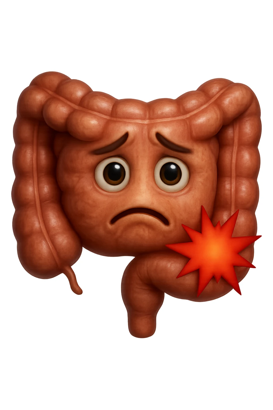 emoji stile iphone di un intestino con mal di pancia, espressione preoccupata, iperrealistica  sticker