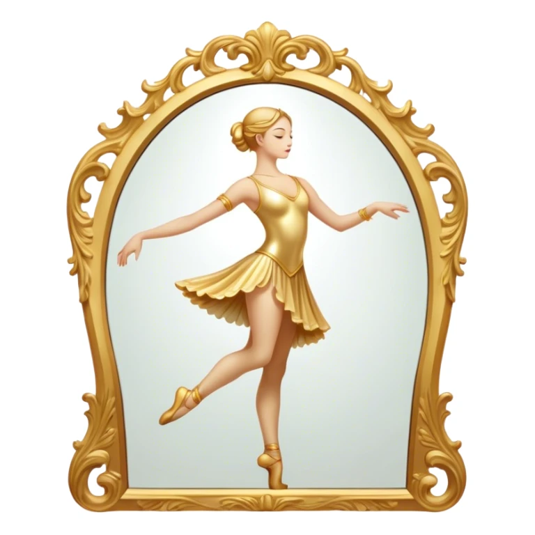 Cinematic Realistic Mirror, a large, ornate mirror reflecting a dancer’s poised silhouette, soft golden light creating depth, slight smudges on the glass adding realism, glowing with a timeless and artistic presence. sticker