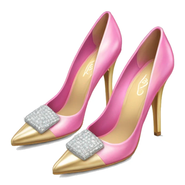 Realistic isolated top view of a pair of metallic light gold and metallic light bubblegum pink pointed toe high heel shoes with diamonds on the top of the toes. sticker