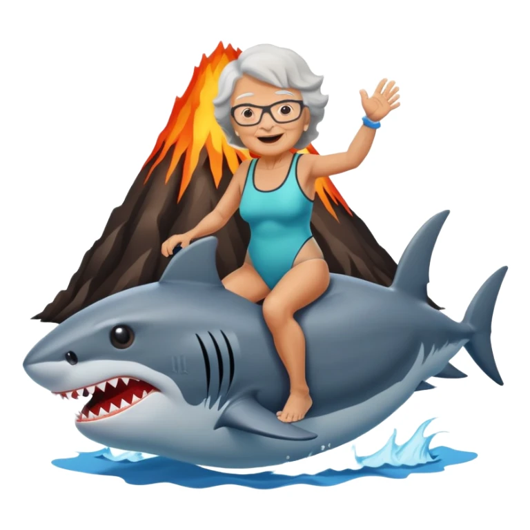 A grandma riding a shark into a volcano sticker