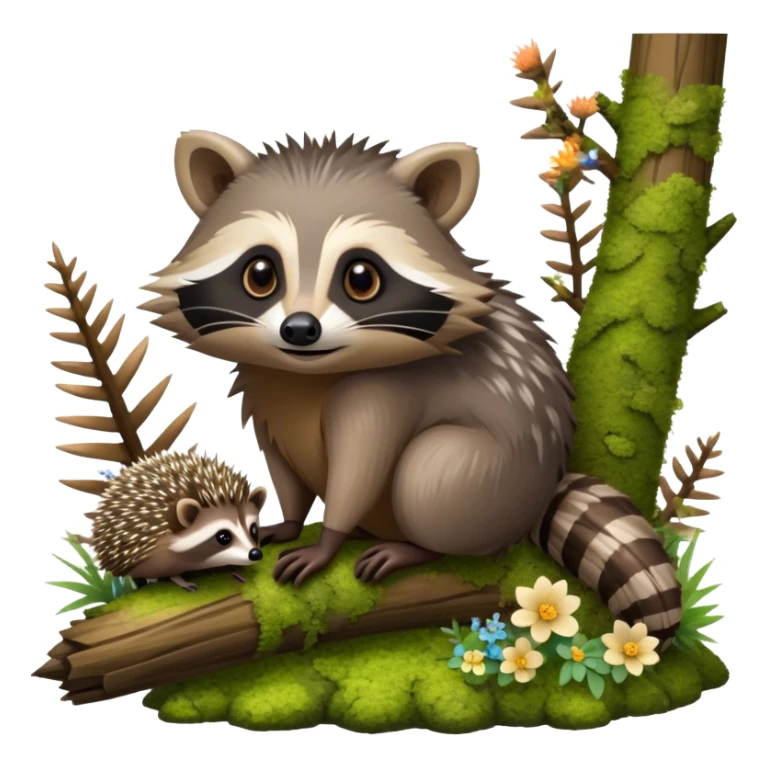 Collage of an exotic raccoon and a hedgehog, both curiously exploring a forest setting with moss and small flowers. The raccoon is perched on a tree branch, and the hedgehog is nestled in the underbrush. Vibrant nature backdrop. Transparent background. sticker