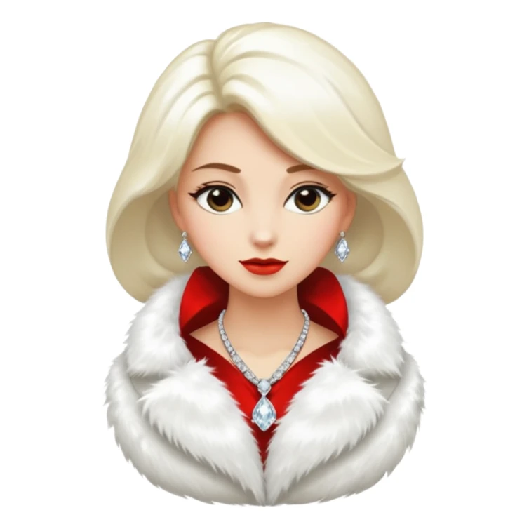 * Character: A stylish lady
* ﻿﻿Clothing: A luxurious white fur coat
* ﻿﻿Accessories: A dazzling diamond necklace
* ﻿﻿Expression: Confident, elegant, maybe slightly glamorous
* ﻿﻿Pose: Head slightly tilted or a poised posture
* ﻿﻿Style: Emoji-like, simple but expressive sticker