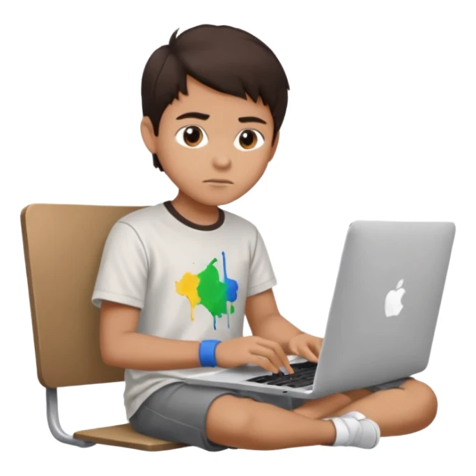 boy working in Macbook, he is graphic designer and paint artist, he seats facing me, and hair dark brown color sticker