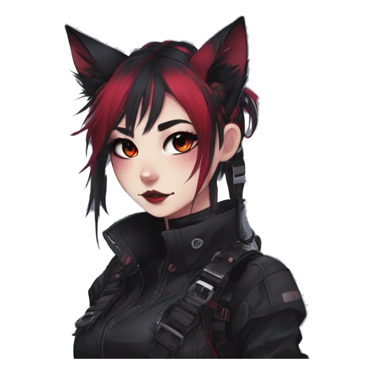 Gorgeous gothic dark techwear anime style anthro cat furry sona with blushing face aesthetic and pretty edgy black red punk messy ponytail hair with collar and harness trending style sticker